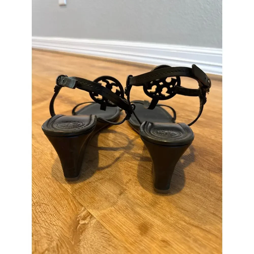 Tory Burch Miller T-Strap Wedge Sandals Black Leather Size 9